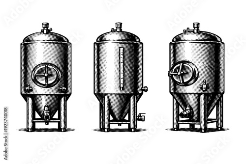 Fermentation Tank Diagram. Brewing process diagram fermentation tank shown as a single object from three different angles: front view, side view, and