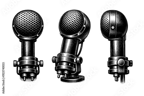 Microphone vintage early carbon microphone with rounded head, thick stem, and simple mechanical form, rendered in frontal view, three-quarter