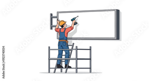 Man Installing Television on Wall with Ladder.