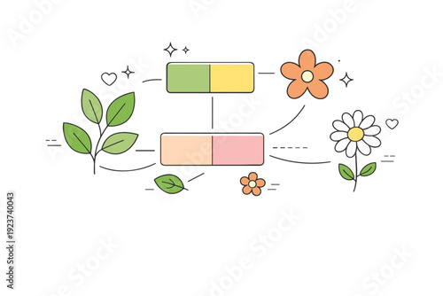Nature-inspired spring colors. A simple editorial scene with leaves, flowers and color samples connected by thin lines, showing harmony