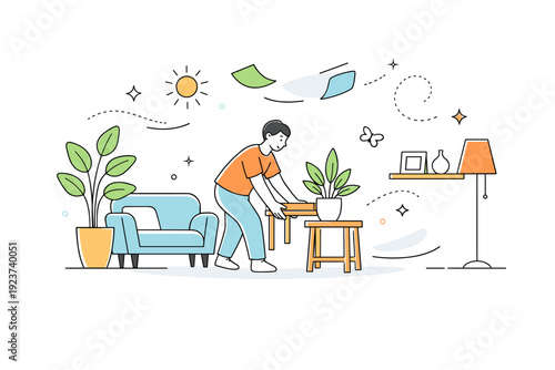 Calm Home Transformation. Home renewal concept. A person rearranging simple furniture and plants in a bright room, expressing fresh beginnings and calm