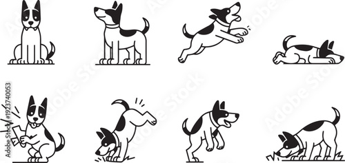 Hand drawn cartoon dog sitting standing running and playing in various poses illustration