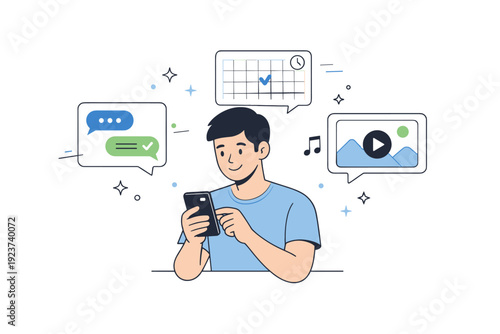 Smartphone usage. Clean vector scene with a character multitasking between messages, calendar, and media on a single device. The atmosphere feels organized,