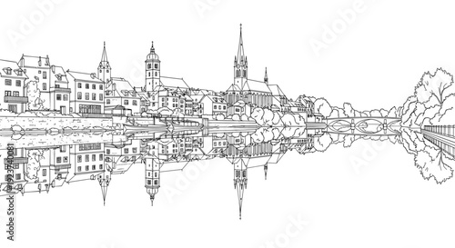 Peaceful riverside town skyline reflection line art