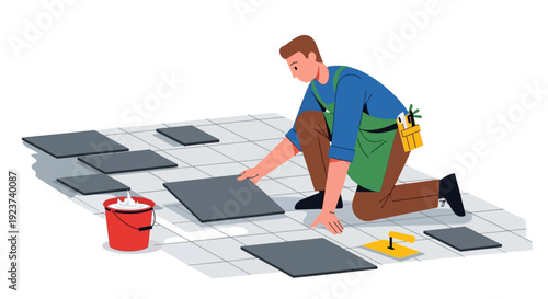 Man Installing Tiles on Floor Surface.