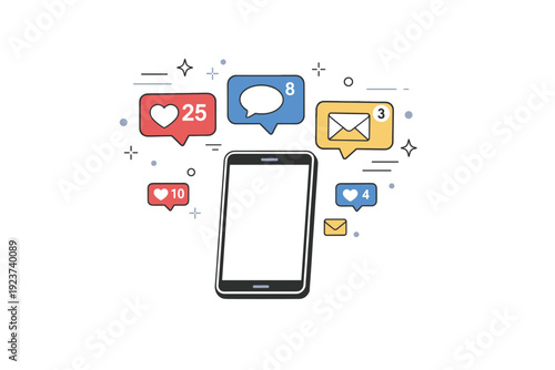 Social media notifications. A smartphone with floating icons for likes, comments, and messages, creating a sense of gentle activity. The mood