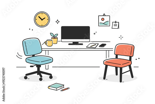 Chairs slightly moved. Home office with one chair turned slightly away from the desk, another not perfectly aligned. Visual hint of