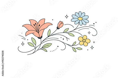 Elegant flower compositions ? flowing floral rhythm. Curved stems and petals creating gentle movement across the composition, suggesting grace and natural