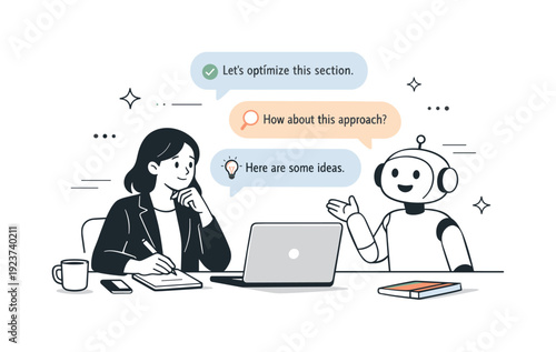Human-AI collaboration everyday scenes. Professional reviewing suggestions from an AI assistant shown as soft dialog bubbles near the screen.