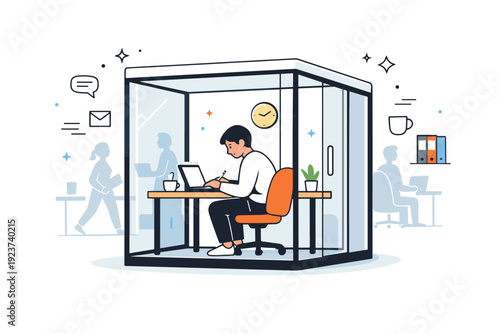 Office focus pod. A quiet enclosed workspace with glass walls where a person is fully absorbed in writing or typing, separated from the busy