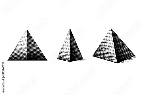 Minimal geometric pyramid shown as a single pyramid form displayed in three views: front view, side view, and three-quarter view emphasizing edges and planes.