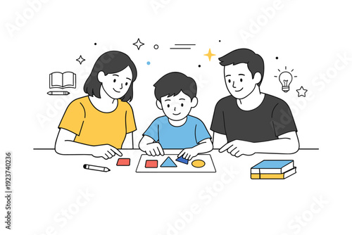 Family daily routine. Parents helping a child with a simple activity, calm cooperation and shared focus. Everyday parenting moment with relaxed mood and clean