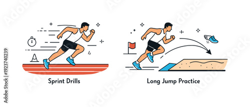Long jump and sprint drills illustration. Athlete running on track and preparing for a long jump with motion lines indicating speed and