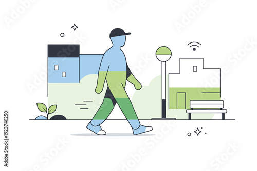 Individuals blending into environments. A person walks through a minimal city scene, their silhouette harmonizing with surrounding shapes and