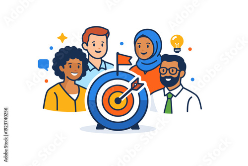 Multicultural team diverse professionals standing together around a shared goal icon, expressing collaboration, inclusion, and mutual respect in a modern