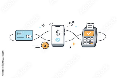 Cashless transactions flow. Abstract cards, phones, and terminals connected by smooth lines, representing digital money movement. The