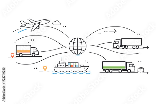 Global logistics network. Abstract trucks, ships, and planes connected by smooth curved lines. Editorial visualization of worldwide distribution and movement.