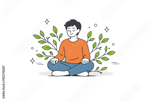 People with seasonal growth and nature elements. Person sitting quietly as branches and leaves subtly grow around them. Feeling of patience, renewal, and