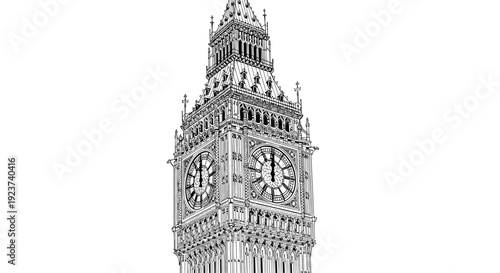 Detailed architectural drawing of iconic clock tower in black and white