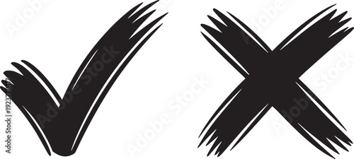 Hand drawn checkmark and cross symbols isolated on transparent background for design use