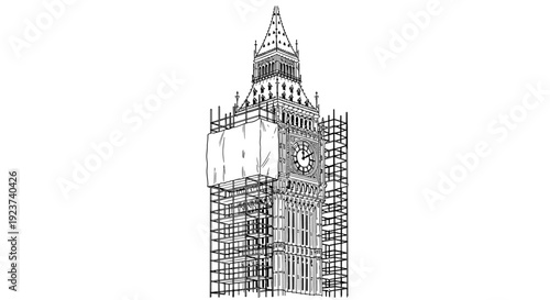 Detailed linear drawing of big ben undergoing restoration in london