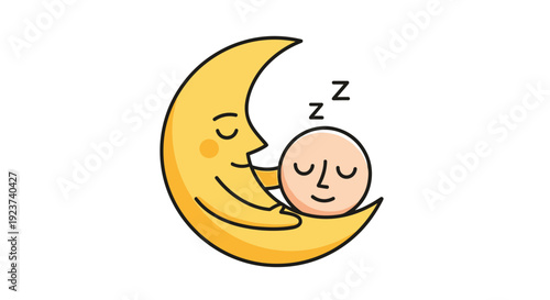 A cheerful yellow crescent moon embraces a small sleeping head with closed eyes and ZzZ symbols on a pure white background, Generative AI.