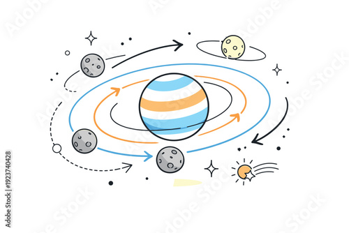 Astronomy sketch concepts. Floating diagrams of moons, orbits, and arrows around a central planet. Abstract educational scene showing motion and relationships