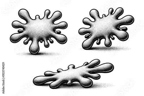 Dotted splash shape object shown in three views including front view, side view, and three-quarter view with irregular organic contours and realistic