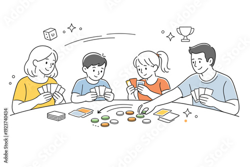 Family Game Night. Family tabletop game moment. A small group of family members focused on cards and tokens spread on a table. Calm engagement and