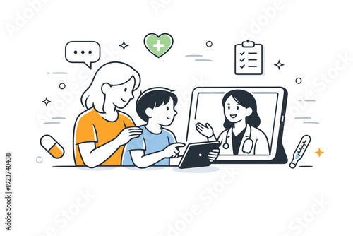 Family telemedicine session. Parent assisting child during a remote consultation with a doctor via tablet, subtle floating icons and soft abstract shapes