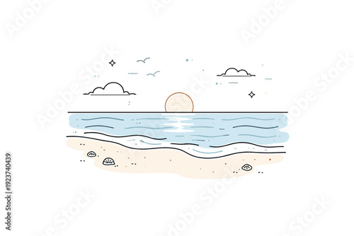 Minimal landscape art. A coastal scene with a smooth horizon line, gentle waves, and a small sun or moon above the water. Relaxed mood with