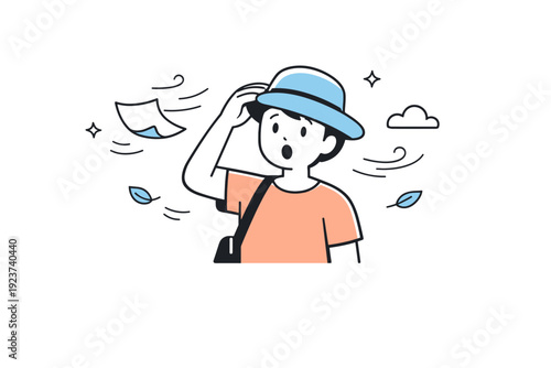 Wind surprises moments. A person holds onto a hat or paper as wind gently disrupts the scene. The illustration conveys surprise mixed with