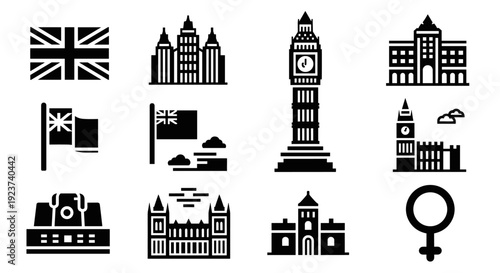 Icon set of british symbols including big ben, union jack, and historic buildings
