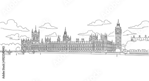 Detailed outline of big ben and westminster palace with clouds
