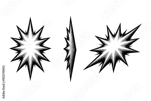 Pop art elongated starburst blast shape shown as a single object presented in three views: front view, side view, and three-quarter view.
