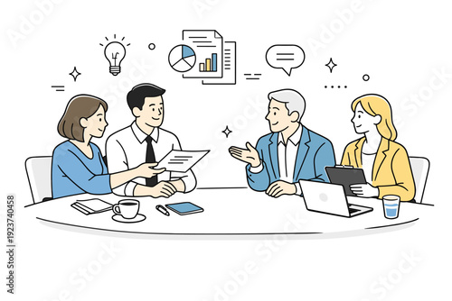 Corporate meeting. Professionals sitting around a clean table discussing ideas, exchanging documents, and listening attentively, showing calm collaboration and