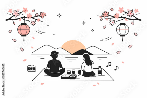 Hanami evening calm. Soft sunset light during cherry blossom viewing, tranquil and poetic feeling. Clean editorial scene with silhouettes, lantern hints, and