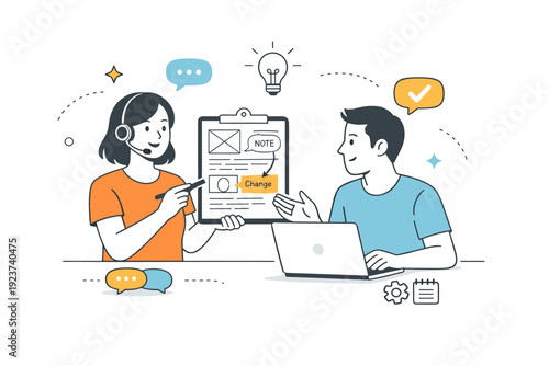Collaboration and feedback. A support specialist shares simple wireframes and annotations with a teammate. The scene conveys teamwork,