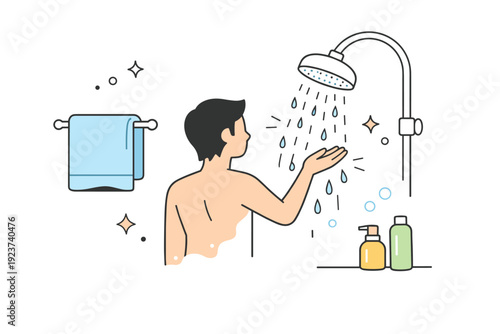 Morning shower ritual. A minimalist bathroom scene with a towel, shower head, and a person reaching for water, starting the day with clarity.