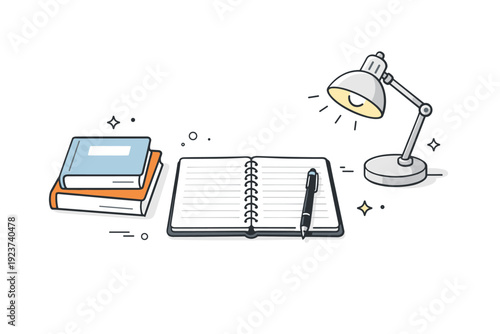 Focused study environment. Flat lay of textbooks, notebook, pen, and a desk lamp arranged with generous white space. Calm concentrated mood emphasizing