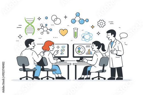 Biotech startup workspace. Researchers collaborating at computers with biotech diagrams on screens, friendly interaction with floating abstract decorative