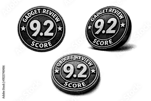 Gadget review score badge icon with numeric display shown centered, rotated, and embossed relief view as a single object set. Black and white