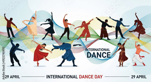 Dancers celebrate international dance day on april 29th with vibrant silhouettes and colorful abstract background