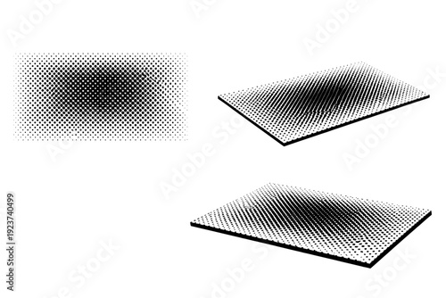 Comic dense halftone dot print texture shown as a single object presented in three views: flat top view, angled view, and three-quarter