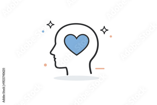 Mental health support icons. A simple human head silhouette with a heart inside, symbolizing emotional care and well-being. The scene feels
