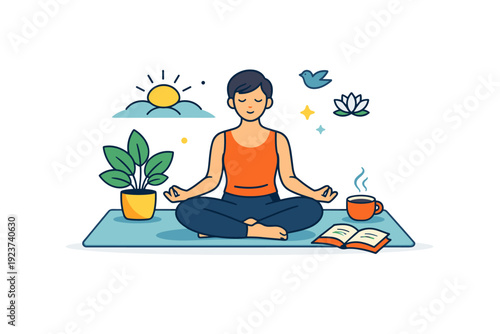 Yoga lifestyle calm morning routine with a person seated on a mat surrounded by gentle light and plants, symbolizing harmony, clarity, and mental wellbeing.