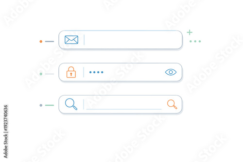 Minimal form design. A set of empty input fields with icons for email, password, and search, aligned in a simple layout. Order, accessibility, and intuitive