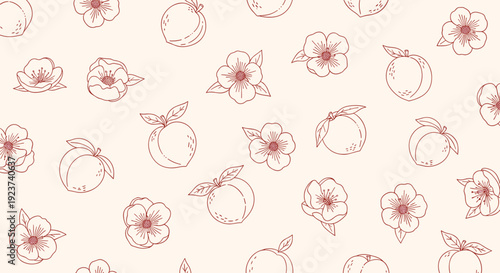 Seamless pattern of delicate peach blossoms and fruits is drawn in thin red lines on a soft cream background for an elegant look.