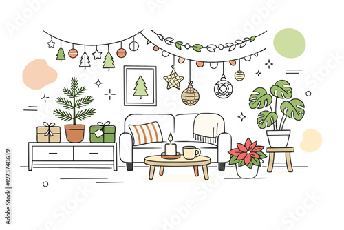 Eco-friendly holiday decorations at home. A cozy room decorated with reusable ornaments, paper garlands, and potted plants instead of