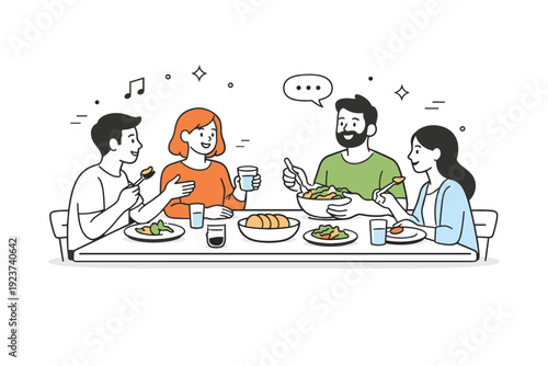 Authentic everyday moments. Small group sharing a casual meal around a table with minimal details. Warmth and familiarity of routine social